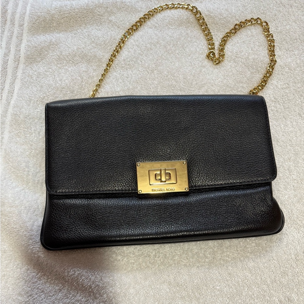Michael Kors Black Leather Clutch with Gold Chain